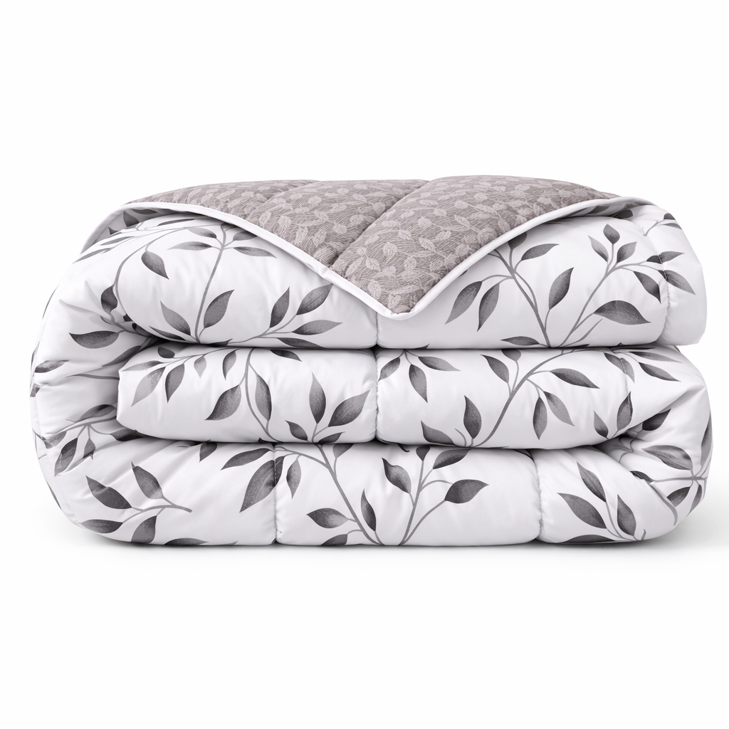 Dekbed zonder overtrek - all year dekbed - Nora - met bladeren dessin - Wit - grijs